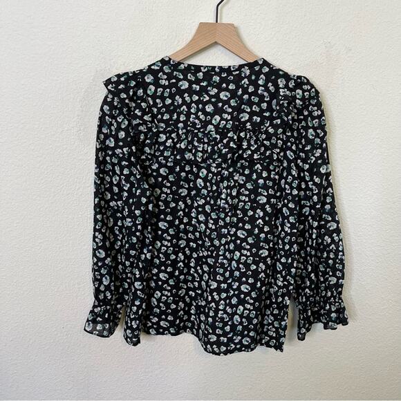 BA&SH Blake Black Leopard Printed Blouse Long Sleeve Cotton Button Front Top S - Picture 6 of 10